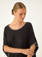 Roman Black Blanket Stitch Knit Poncho - Image 4 of 5