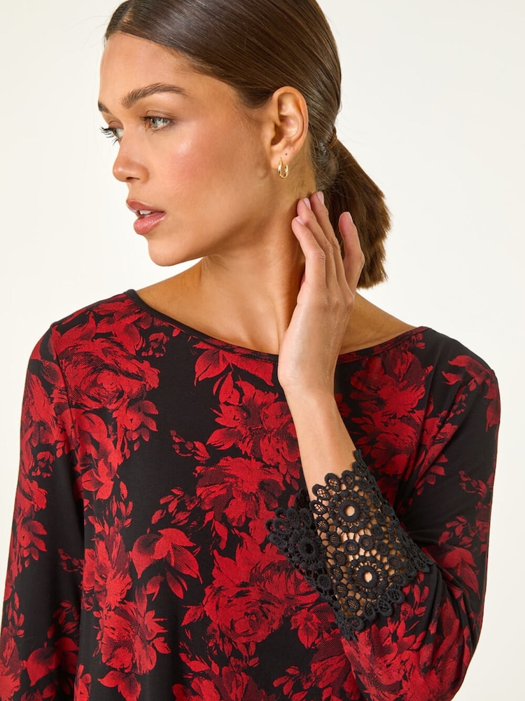 Roman Red Floral Print Lace Trim Stretch Blouse - Image 2 of 5 Roman Red Floral Print Lace Trim Stretch Blouse - Image 2 of 5