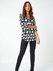 Roman Black Geometric Print Stretch Blouse - Image 3 of 5
