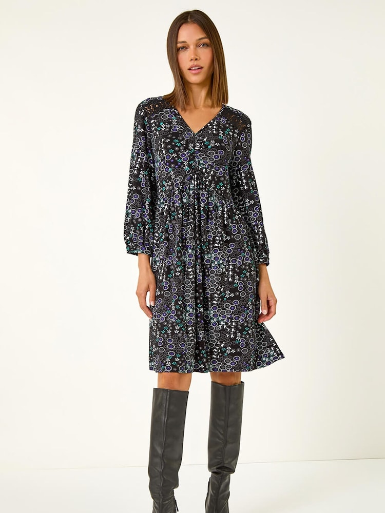 Roman Blue Floral Print Lace Trim Dress - Image 1 of 5