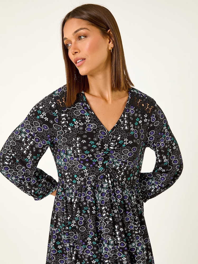 Roman Blue Floral Print Lace Trim Dress - Image 2 of 5