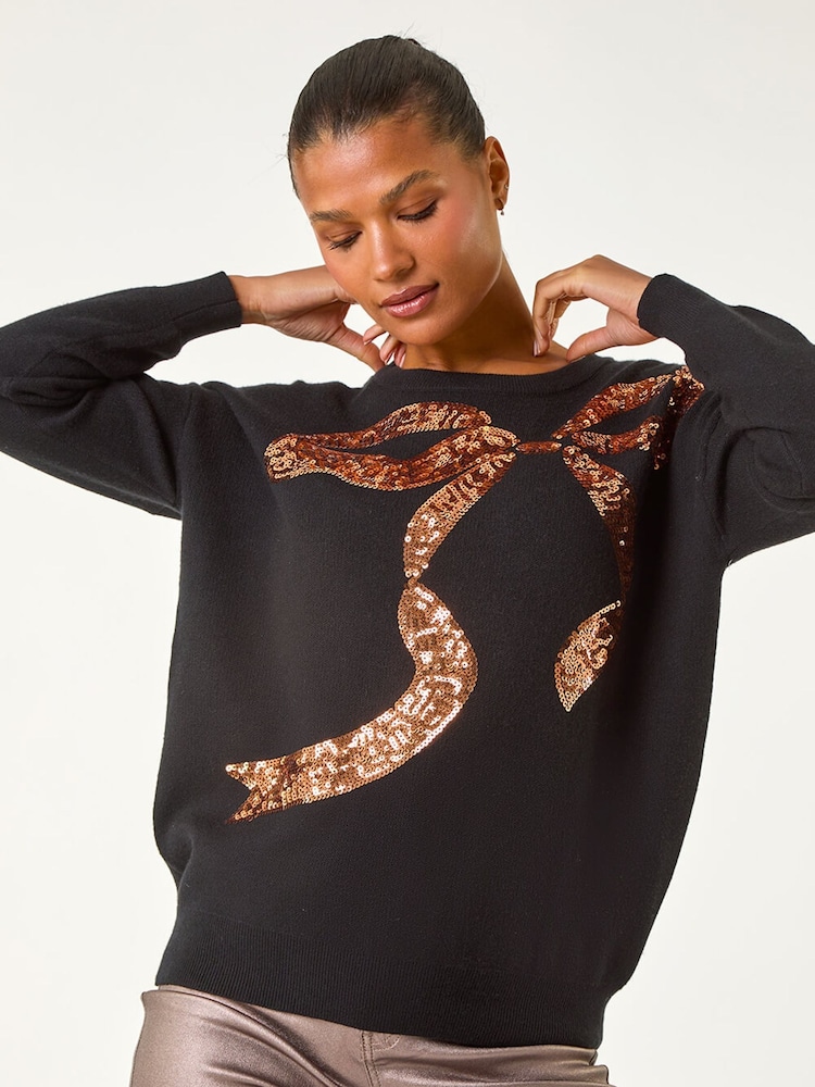 Roman Black Bow Sequin Detail Knit Jumper - Image 5 of 5