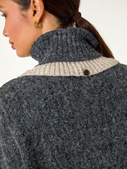 Roman Black Contrast Roll Neck Button Knit Poncho - Image 3 of 6