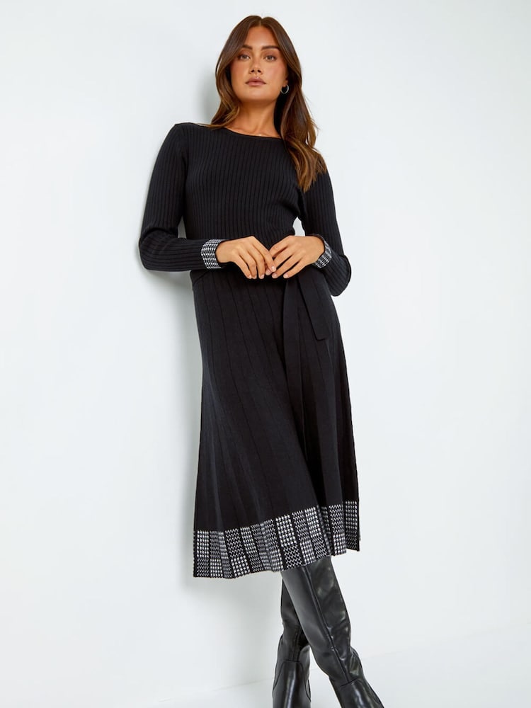Roman Black Ribbed Stretch Knit Border Print Dress - Image 1 of 5
