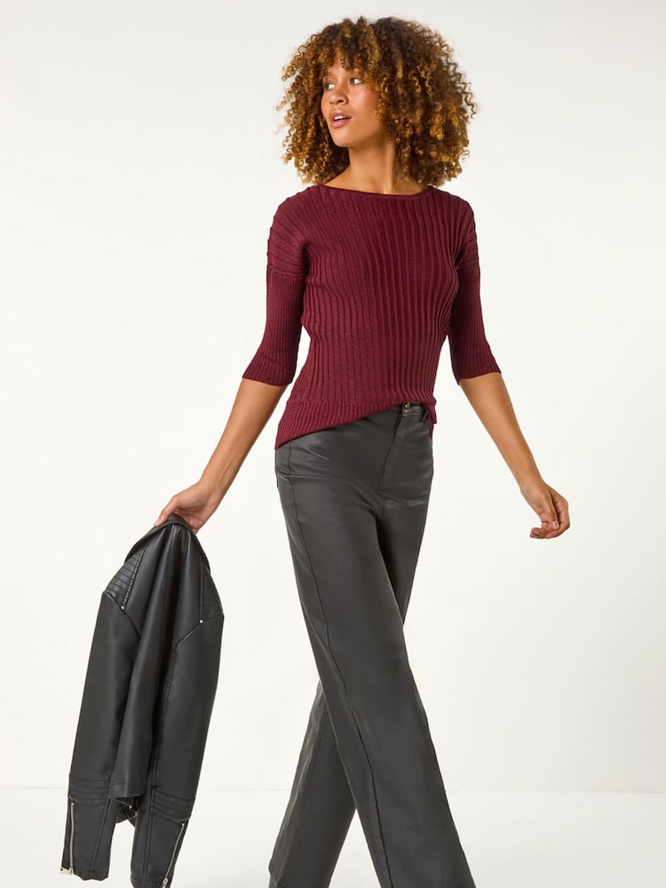 Roman Red Shimmer Ribbed Batwing Knit Jumper - Image 1 of 5
