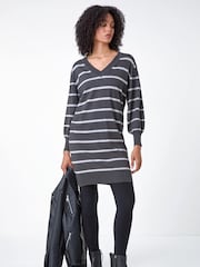 Roman Grey Stripe Print Knitted Jumper Dress - Image 1 of 5