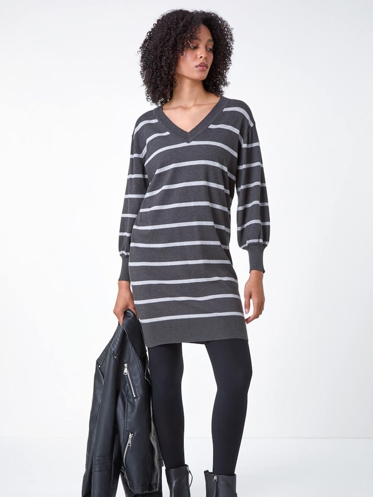 Roman Grey Stripe Print Knitted Jumper Dress - Image 1 of 5