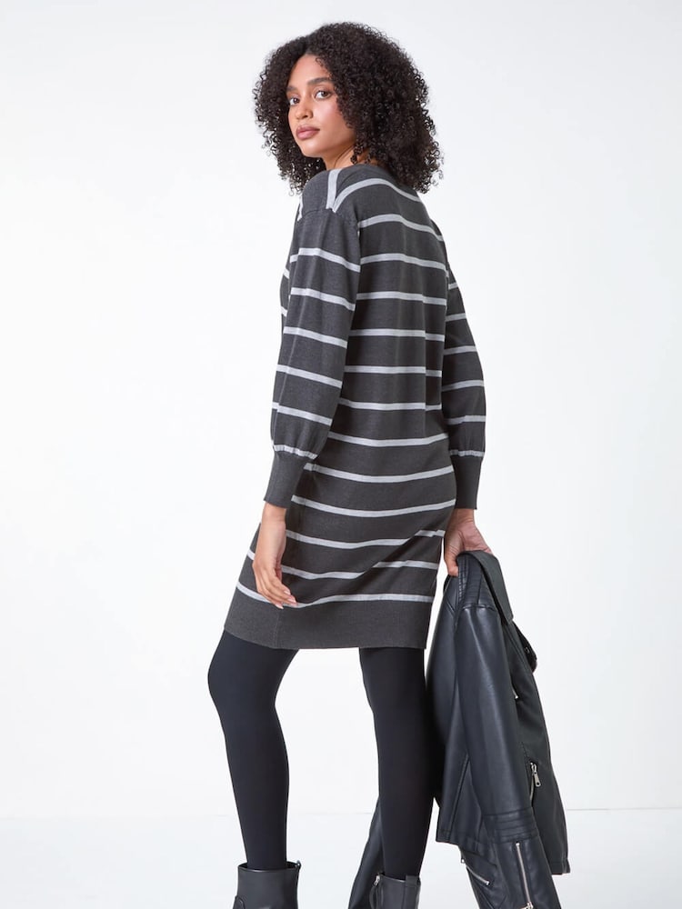 Roman Grey Stripe Print Knitted Jumper Dress - Image 2 of 5