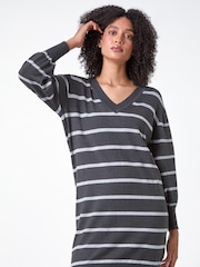 Roman Grey Stripe Print Knitted Jumper Dress - Image 4 of 5