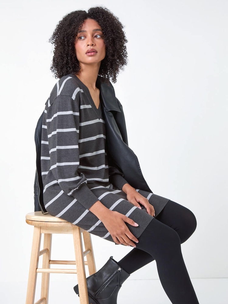 Roman Grey Stripe Print Knitted Jumper Dress - Image 5 of 5