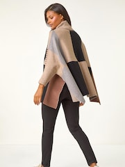 Roman Brown Check Colour Block Knit Poncho - Image 2 of 5