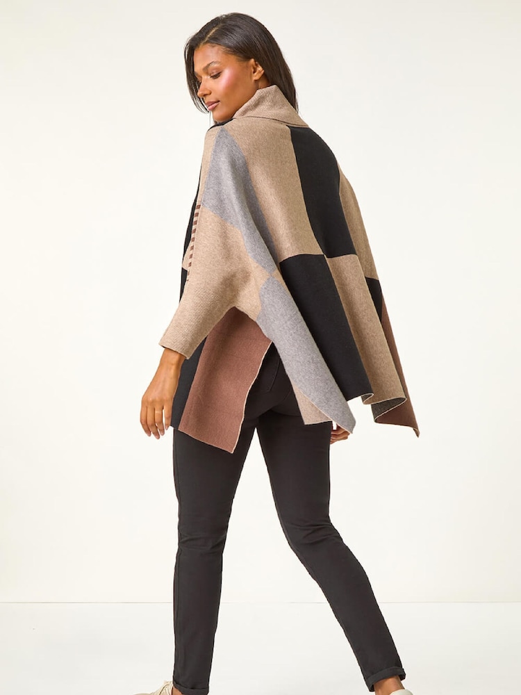 Roman Brown Check Colour Block Knit Poncho - Image 2 of 5