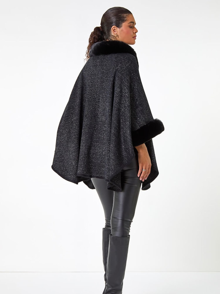 Roman Black Faux Fur Button Up Poncho - Image 2 of 5