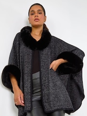 Roman Black Faux Fur Button Up Poncho - Image 3 of 5