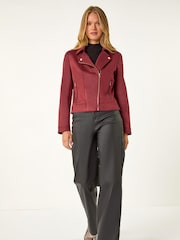 Roman Red Faux Suede Biker Jacket - Image 4 of 6