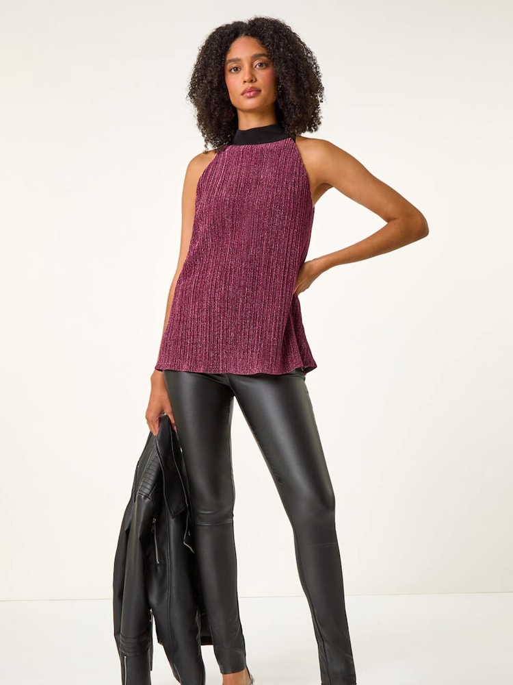 Roman Pink Glitter Plisse Halter Neck Vest Top - Image 1 of 2 Roman Pink Glitter Plisse Halter Neck Vest Top - Image 1 of 2