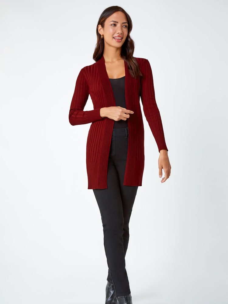 Roman Red Longline Stretch Ribbed Cardigan - Image 2 of 5 Roman Red Longline Stretch Ribbed Cardigan - Image 2 of 5
