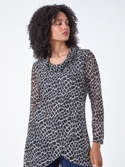 Roman Black Abstract Print Cowl Neck Stretch Tunic Top - Image 1 of 5