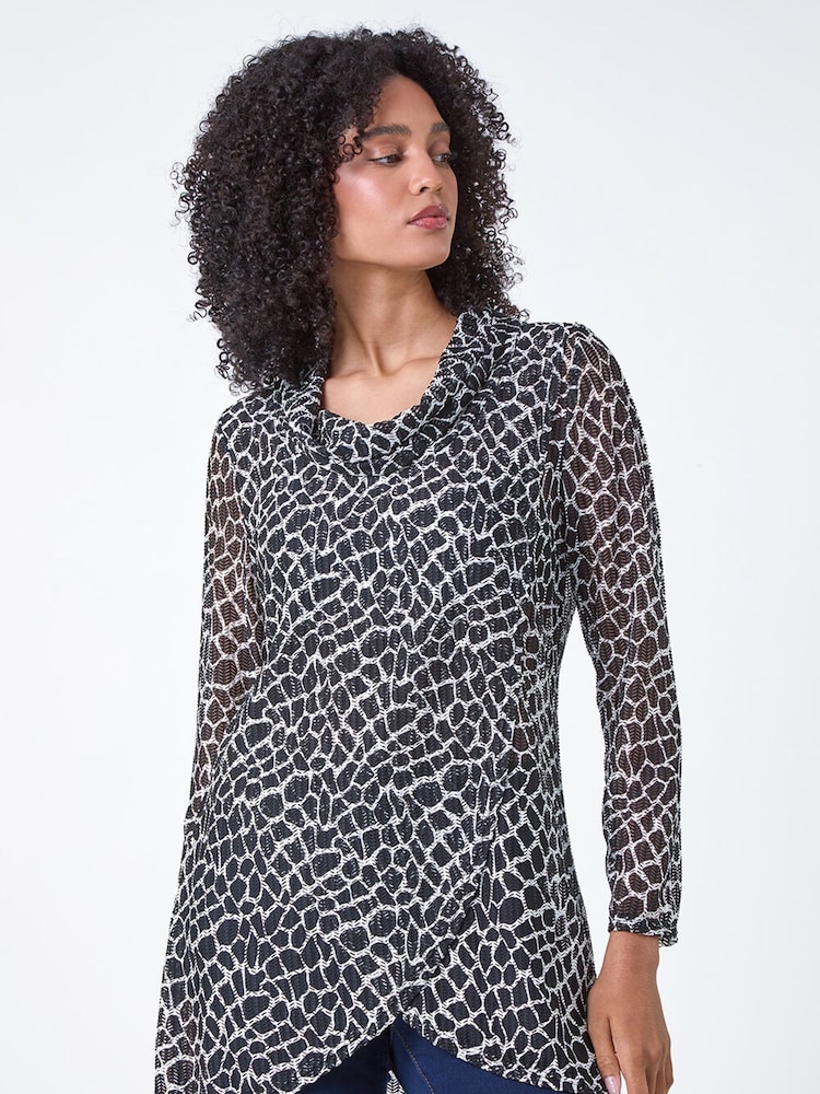 Roman Black Abstract Print Cowl Neck Stretch Tunic Top - Image 1 of 5