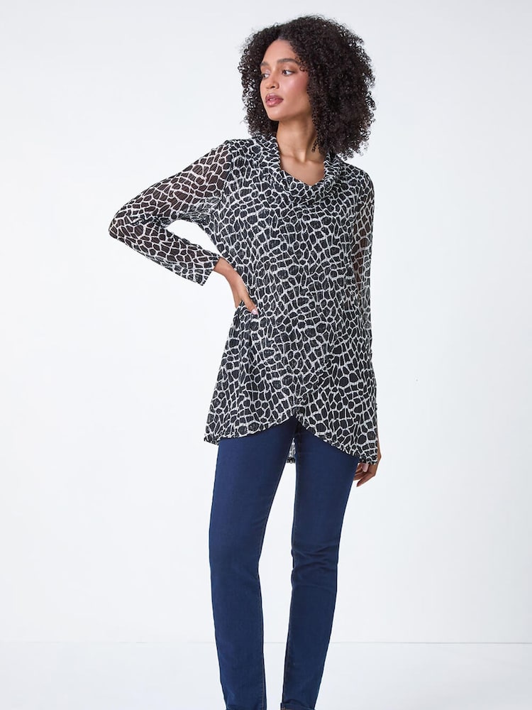 Roman Black Abstract Print Cowl Neck Stretch Tunic Top - Image 2 of 5