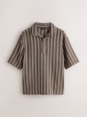Braun - Woven Vertical Stripe Short Sleeve Polo Shirt - Bild 6 von 8