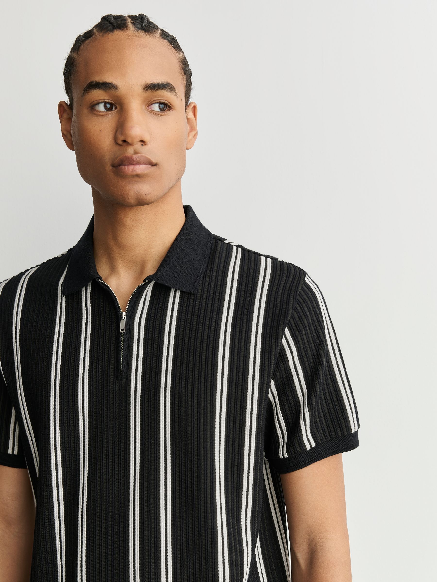 Buy Black/White Striped Textured Smart Zip Neck Polo Shirt from