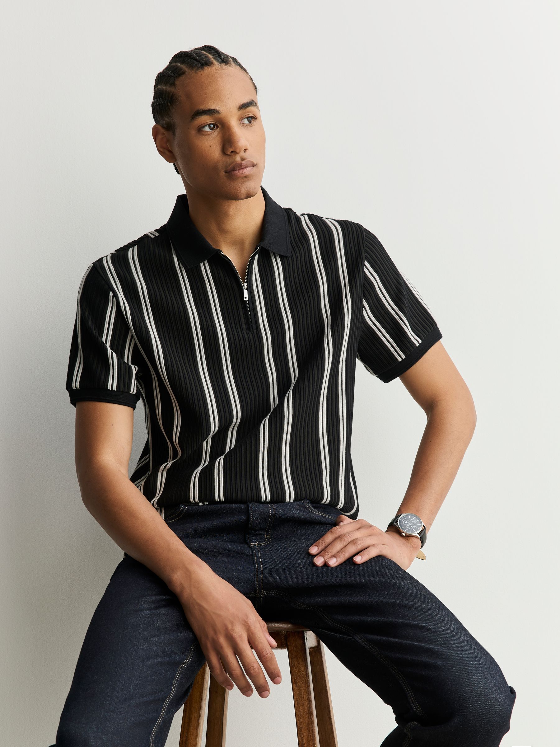 Buy Black/White Striped Textured Smart Zip Neck Polo Shirt from