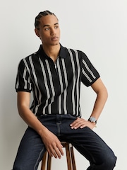 Black/White Vertical Stripe Quarter Zip Polo Shirt - Image 3 of 7