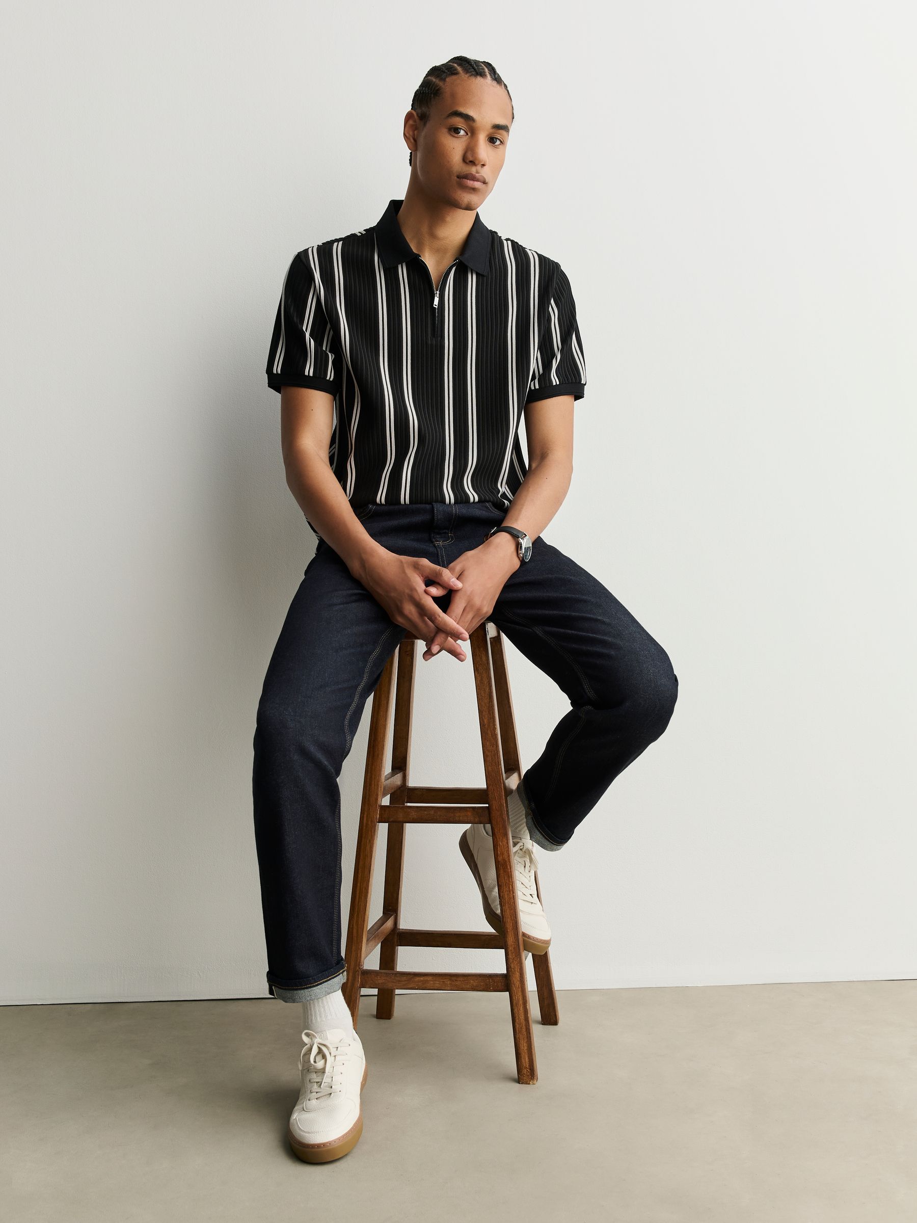 Buy Black/White Striped Textured Smart Zip Neck Polo Shirt from