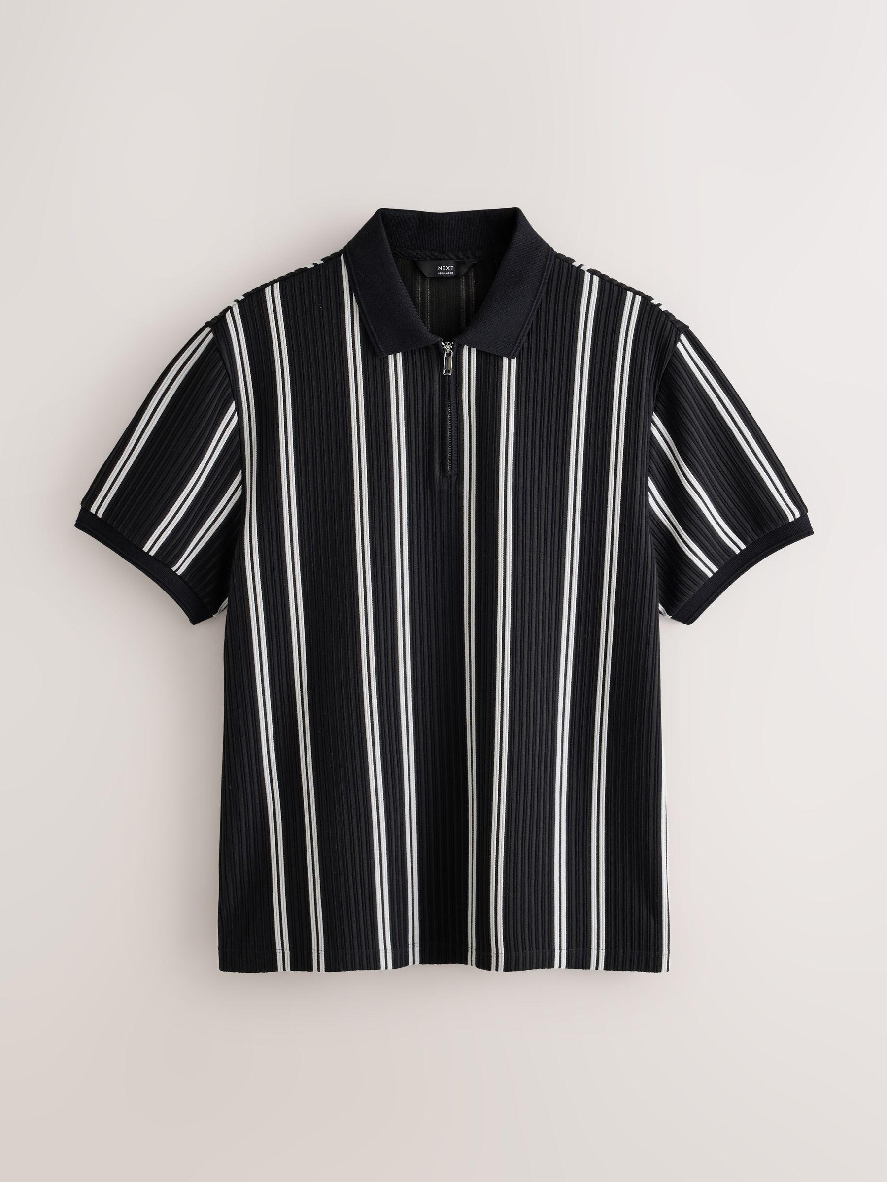 Buy Black/White Striped Textured Smart Zip Neck Polo Shirt from