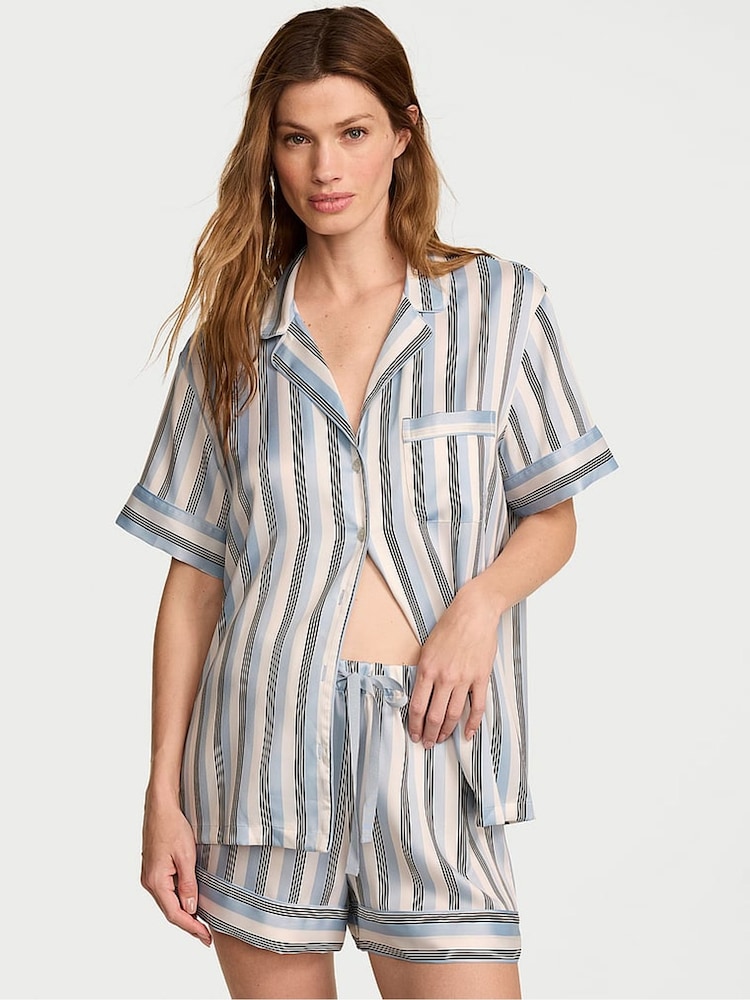 Victoria's Secret Blue Stripe Satin Short Pyjamas Set - Image 1 of 2