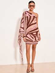 Lipsy Pink/Black Printed Drape Sleeve One Shoulder Mini Dress - Image 1 of 5