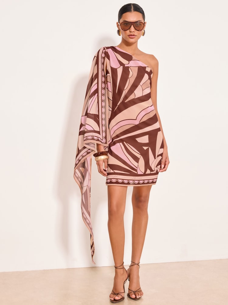 Lipsy Pink/Black Printed Drape Sleeve One Shoulder Mini Dress - Image 1 of 5