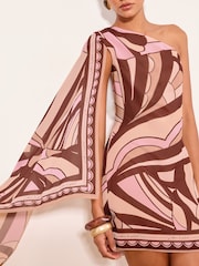 Lipsy Pink/Black Printed Drape Sleeve One Shoulder Mini Dress - Image 3 of 5