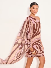 Lipsy Pink/Black Printed Drape Sleeve One Shoulder Mini Dress - Image 4 of 5