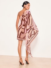 Lipsy Pink/Black Printed Drape Sleeve One Shoulder Mini Dress - Image 5 of 5