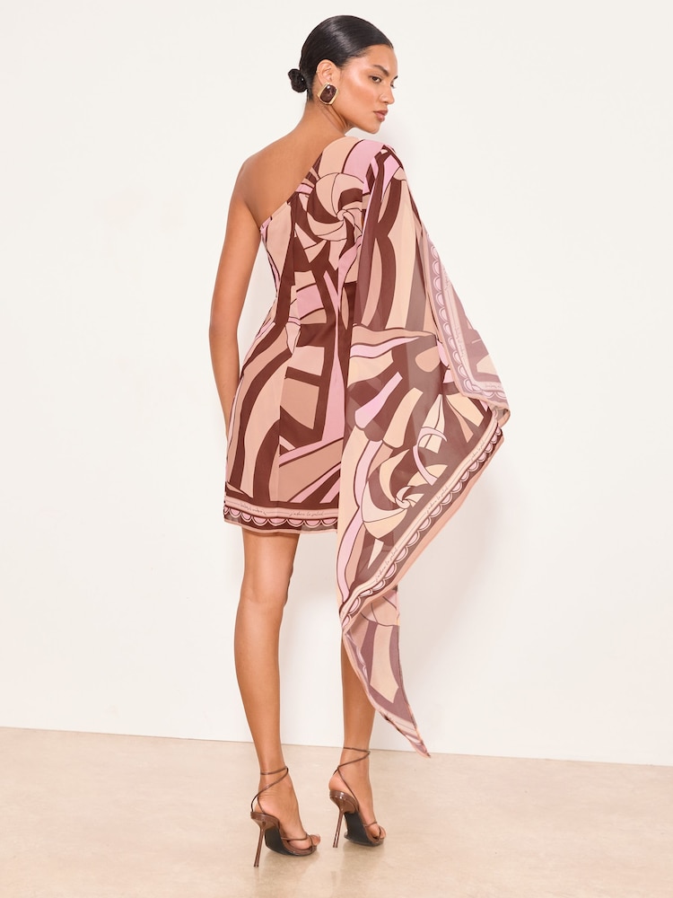 Lipsy Pink/Black Printed Drape Sleeve One Shoulder Mini Dress - Image 5 of 5