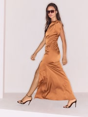 Lipsy Satin Ruched Short Sleeve Fit And Flare Maxi Dress - Պատկեր 4 5-ից