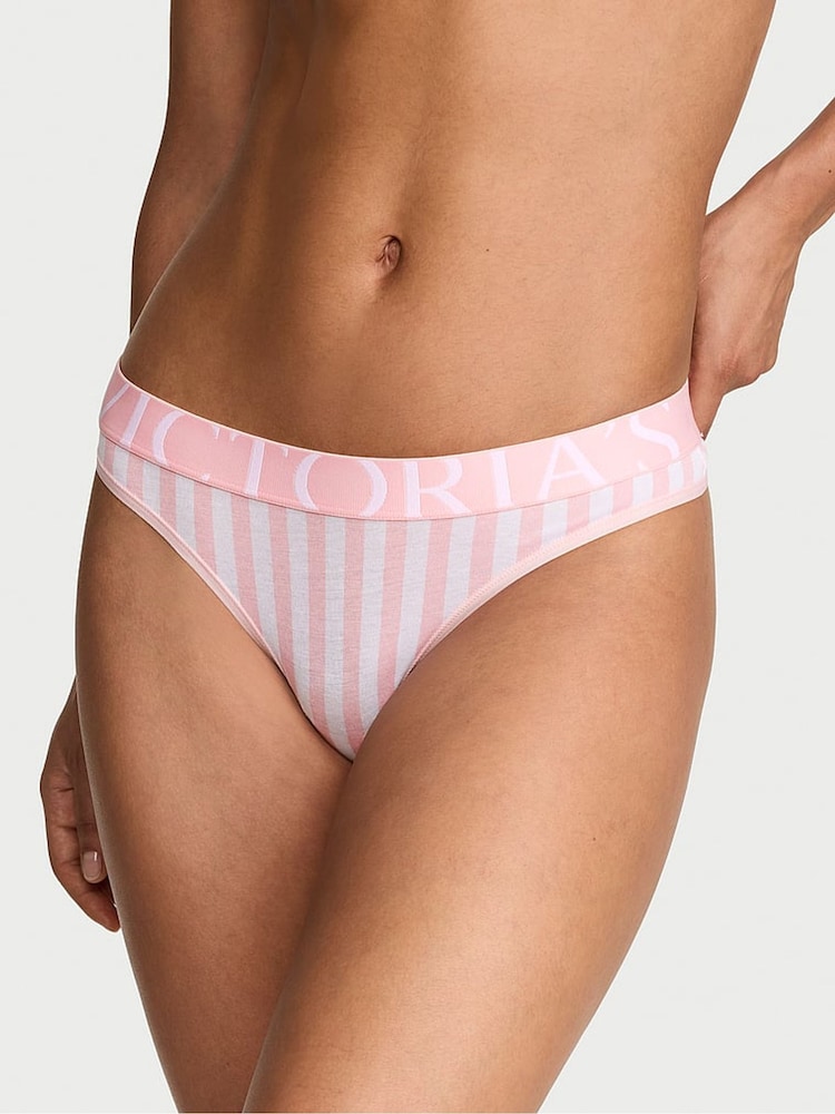 Victoria's Secret Pretty Blossom Pink Stripes Thong Exploded Logo Knickers - Image 1 of 3