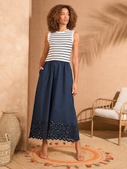 Love & Roses Navy Stripe Broderie Trim Woven Skirt Jersey Midi Dress - Image 1 of 5