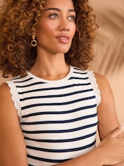 Love & Roses Navy Stripe Broderie Trim Woven Skirt Jersey Midi Dress - Image 2 of 5