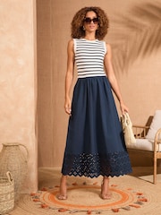 Love & Roses Navy Stripe Broderie Trim Woven Skirt Jersey Midi Dress - Image 3 of 5