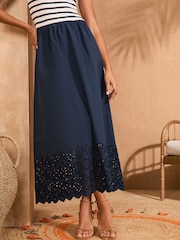 Love & Roses Navy Stripe Broderie Trim Woven Skirt Jersey Midi Dress - Image 4 of 5