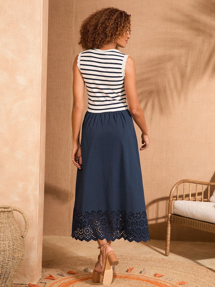 Love & Roses Navy Stripe Broderie Trim Woven Skirt Jersey Midi Dress - Image 5 of 5