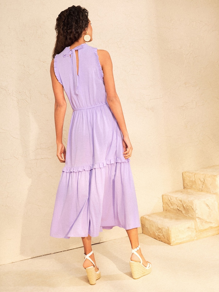 Love & Roses Lilac Purple Frill Tie Back Tiered Jersey Sleeveless Midi Dress - Image 5 of 5