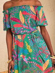 Love & Roses Green Tropical Print Bardot Jersey Mini Dress - Image 2 of 4