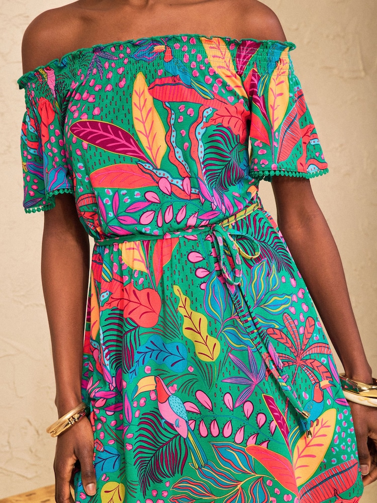 Love & Roses Green Tropical Print Bardot Jersey Mini Dress - Image 2 of 4 Love & Roses Green Tropical Print Bardot Jersey Mini Dress - Image 2 of 4