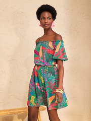 Love & Roses Green Tropical Print Bardot Jersey Mini Dress - Image 3 of 4