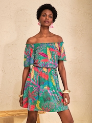 Love & Roses Green Tropical Print Bardot Jersey Mini Dress - Image 4 of 4