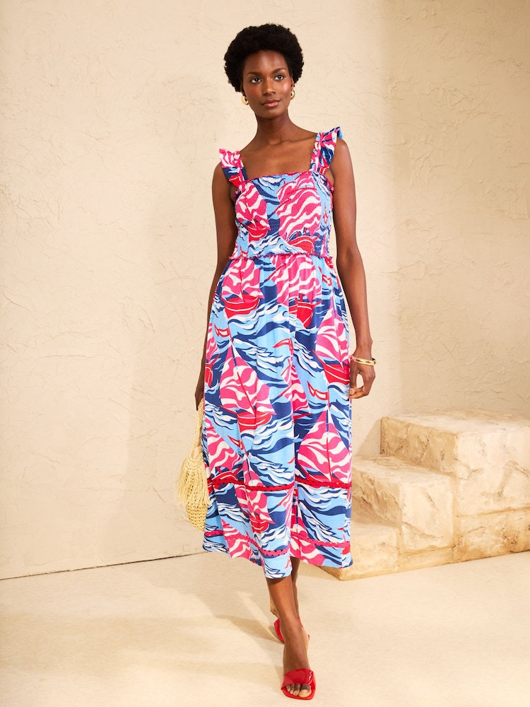 pink and blue midi dress Womens Love & Roses Boat Print Ruched Jersey US 10 Crafted from 100% cotton